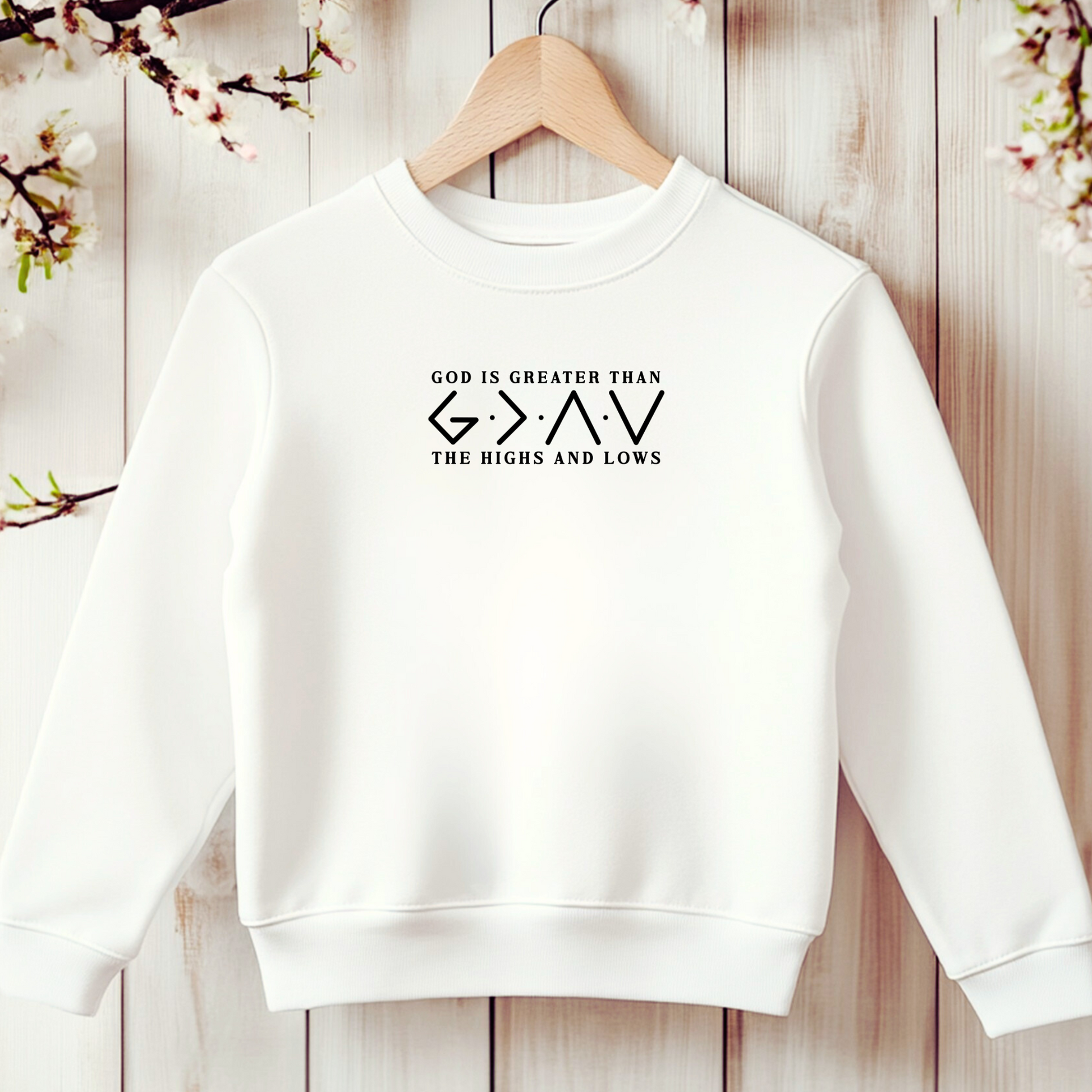 Bügelbild mit Schriftzug "God Is Greater Than the Highs and Lows" zum Aufbügeln
