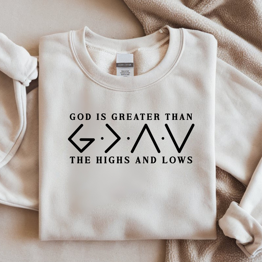 Bügelbild mit Schriftzug "God Is Greater Than the Highs and Lows" mit symbolischer Grafik in Schwarz