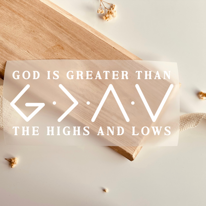 Bügelbild mit Schriftzug "God Is Greater Than the Highs and Lows" in Weiß zum Aufbügeln