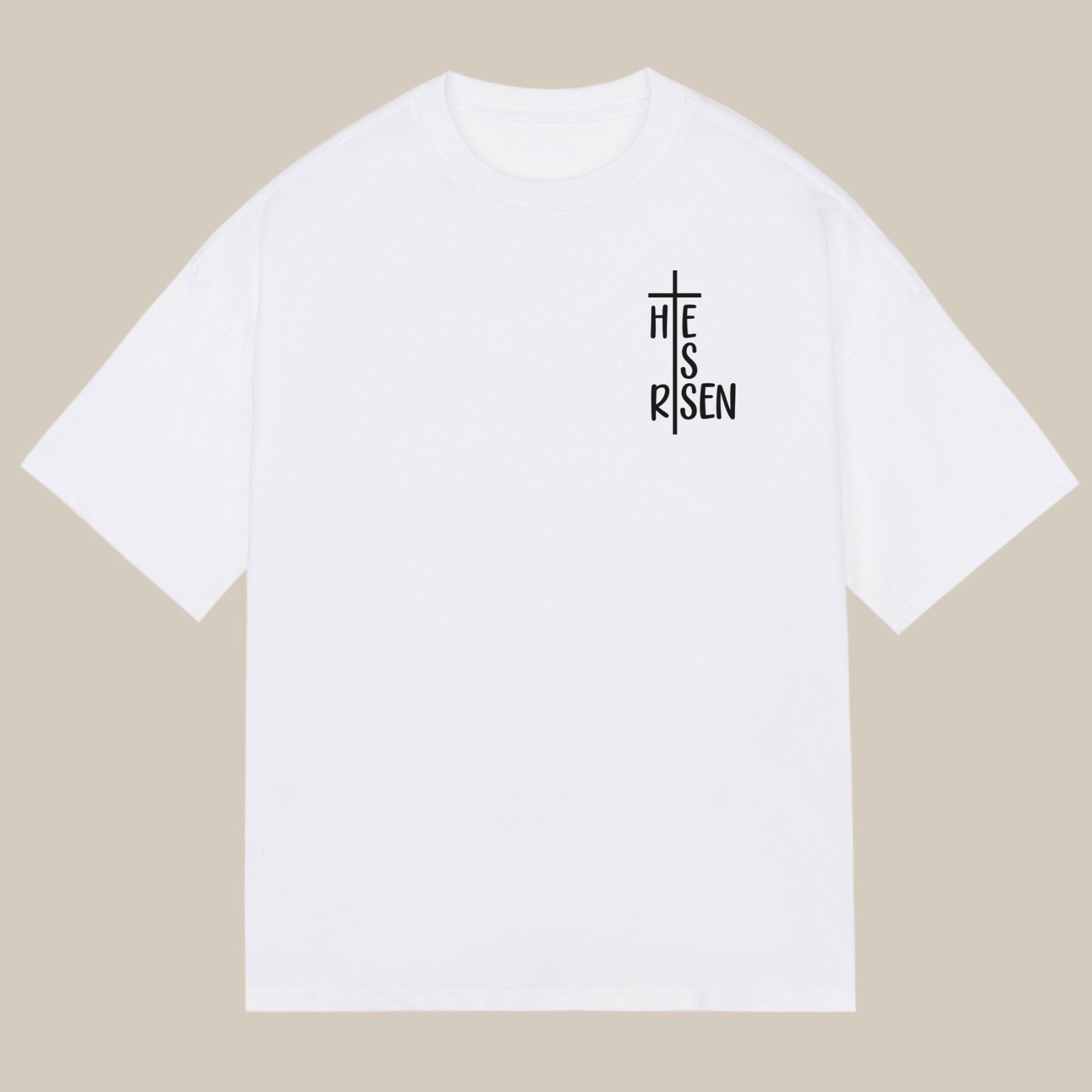 Bügelbild mit Schriftzug "He Is Risen" und Kreuz-Motiv zum Aufbügeln