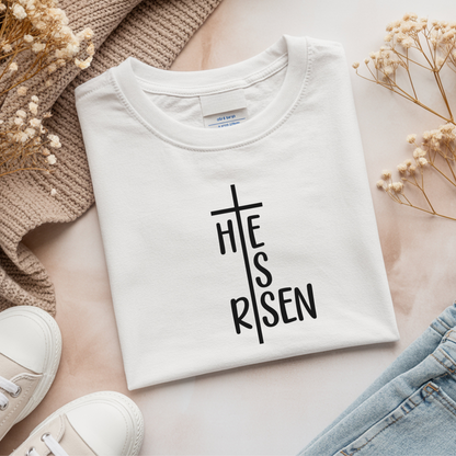 Bügelbild mit Schriftzug "He Is Risen" und Kreuz-Symbol in Schwarz