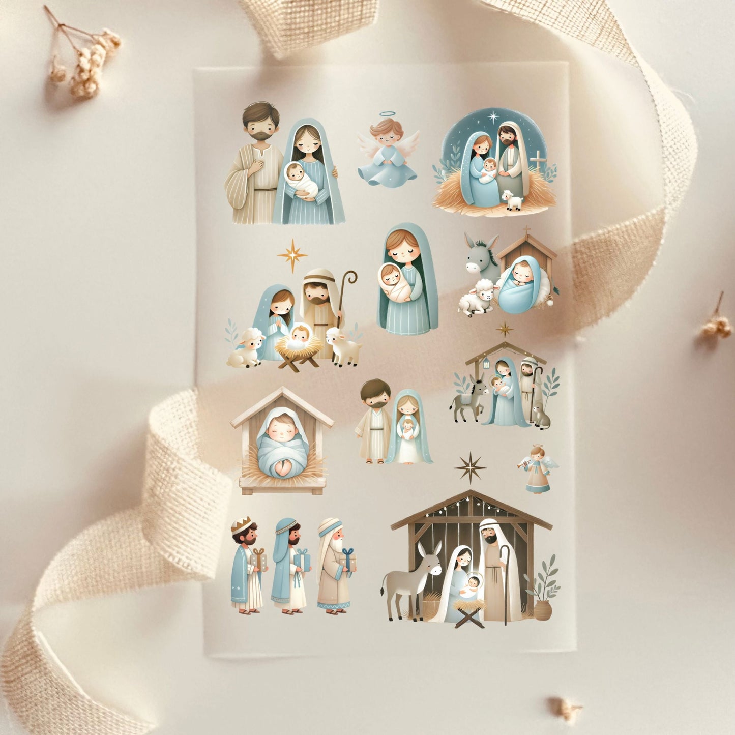 Bügelbild-Set mit Krippenmotiven, Heiliger Familie und Stall im Aquarell-Stil in Blau und Beige für Weihnachten