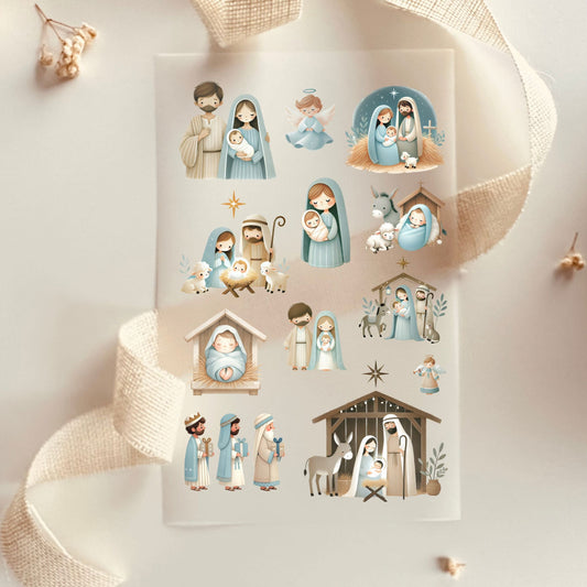 Bügelbild-Set mit Krippenmotiven, Heiliger Familie und Stall im Aquarell-Stil in Blau und Beige für Weihnachten