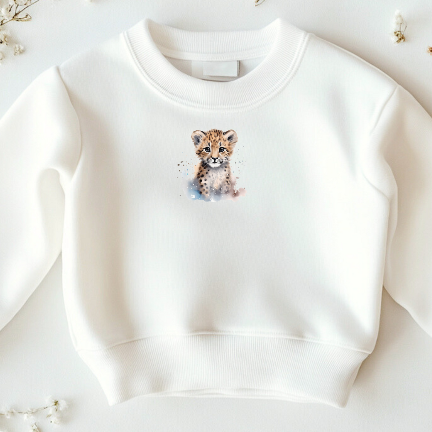 Bügelbild mit kleinem Leoparden im Aquarell-Stil mit Schnee zum Aufbügeln für Kinderkleidung