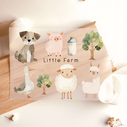 Bügelbild-Set mit Bauernhof-Tieren wie Hund, Schwein, Gans, Schaf und Lama im Aquarell-Stil und Schriftzug "Little Farm"