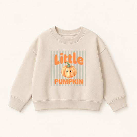 Bügelbild „Little Pumpkin“ gestreift, aufgebügelt auf beigem Kinder-Sweatshirt. Orange Herbst Applikation mit lächelndem Kürbis, Geschenkidee für Kinder.