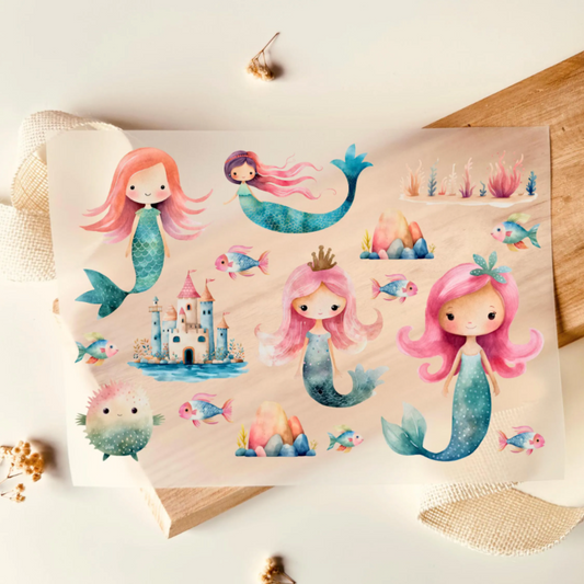 Bügelbild-Set mit Meerjungfrauen, Fischen und Schloss im Aquarell-Stil in Rosa und Türkis für Kinder