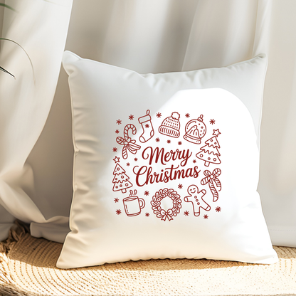 Bügelbild Merry Christmas Weihnachten Icons Line Art Rot Quadratisch