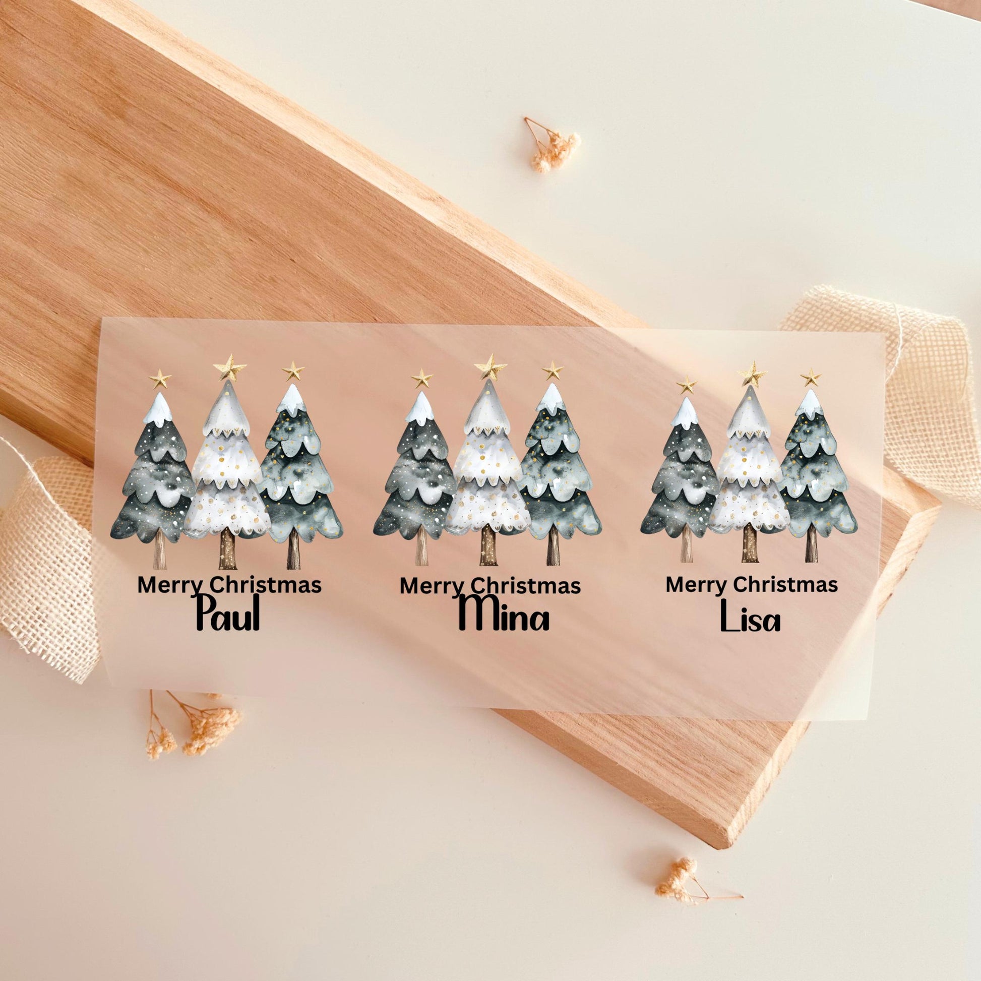 Bügelbild Merry Christmas Weihnachtsbaum Personalisiert mit Name Schwarz Weiß Nahaufnahme