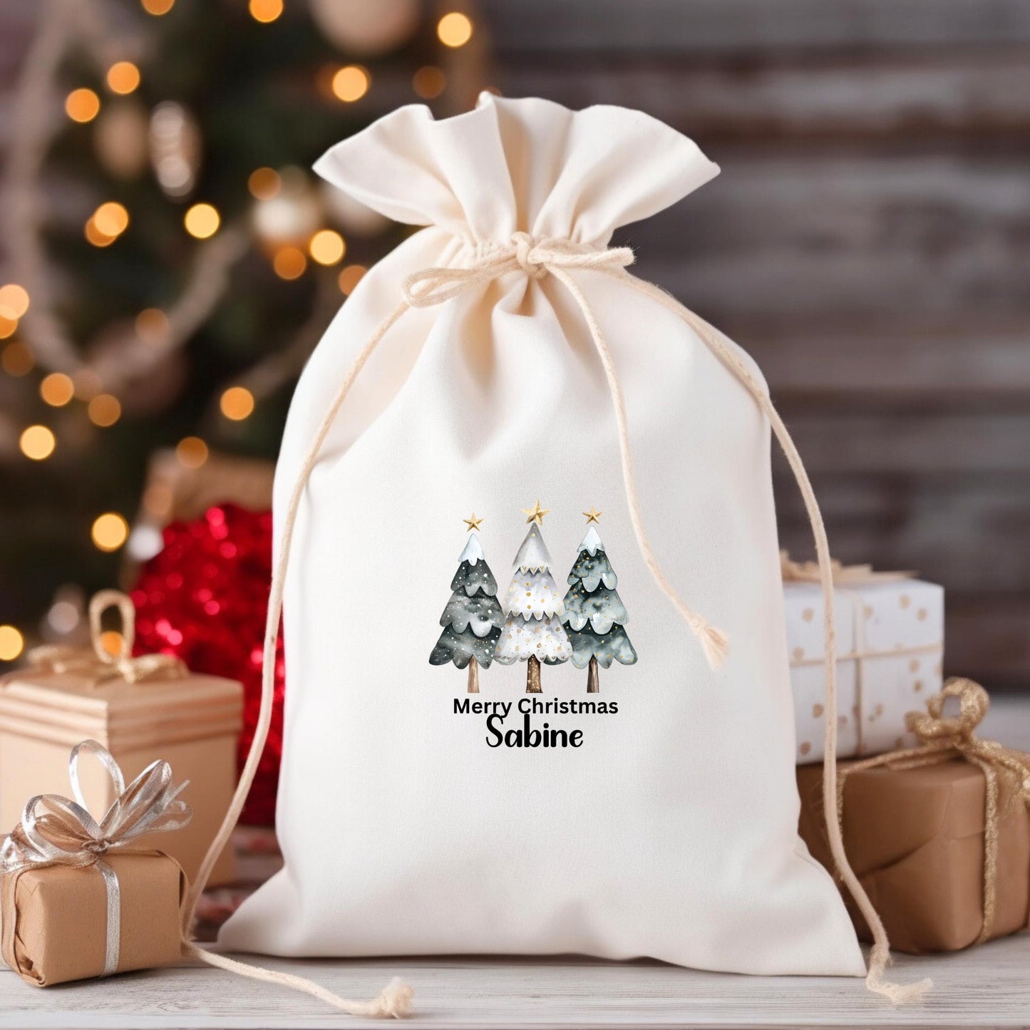 Bügelbild Merry Christmas Weihnachtsbaum Personalisiert mit Name Schwarz Weiß Säckchen