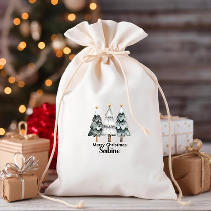 Bügelbild Merry Christmas Weihnachtsbaum Personalisiert mit Name Schwarz Weiß Säckchen