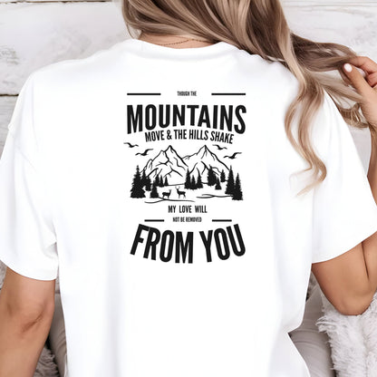 Bügelbild mit Bergmotiv und Bibelvers "From You" in Schwarz, hier auf der Rückseite aufgebügelt