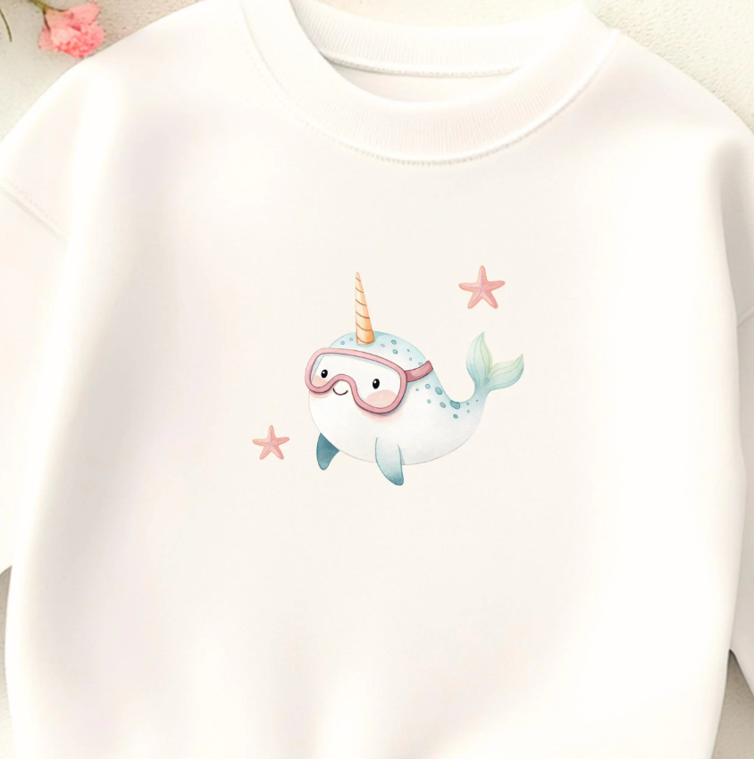 Bügelbild Narwal Einhorn Aquarell Pastell Mint Rosa Klein Kinder