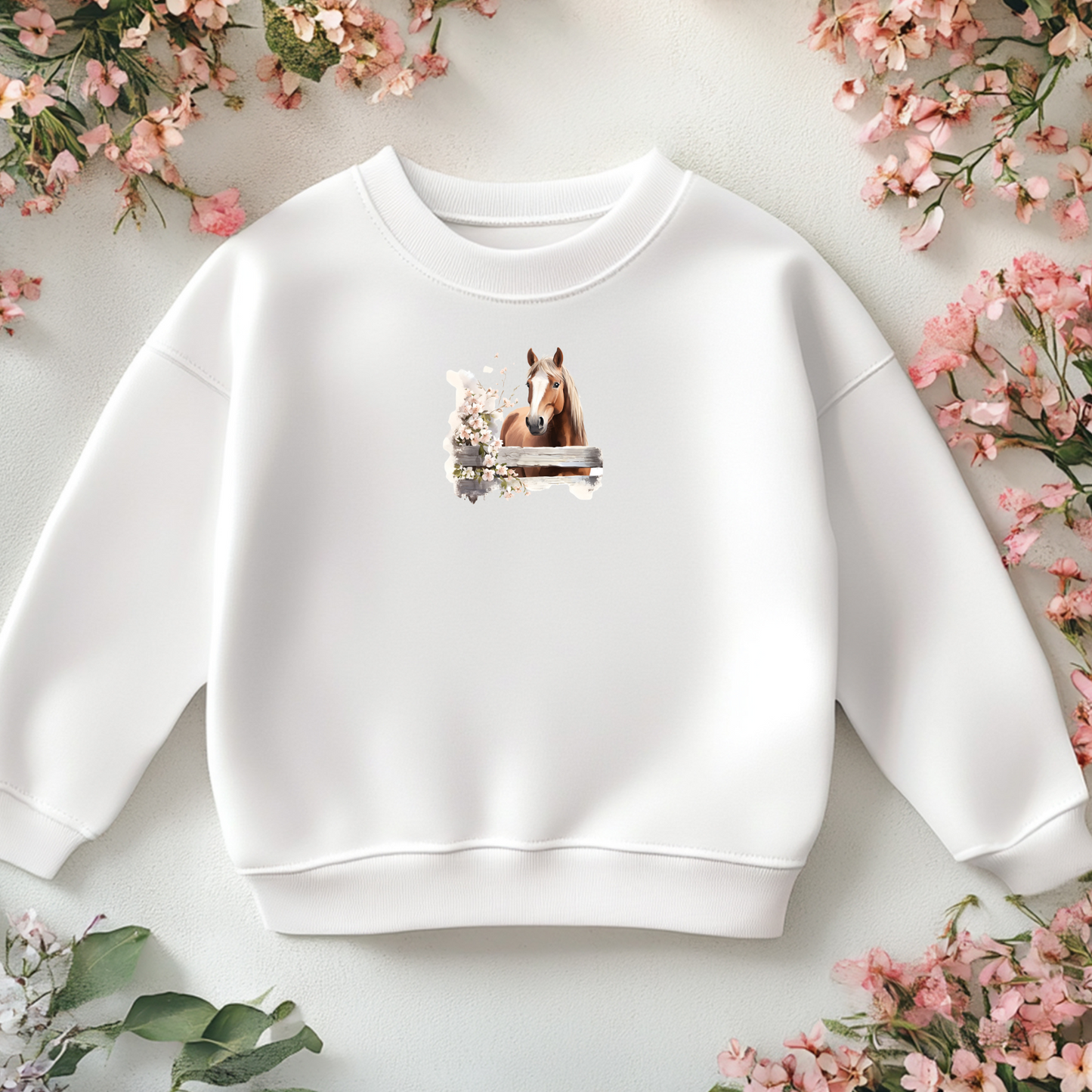 Bügelbild mit Pferd und Blumen im Aquarell-Stil zum Aufbügeln, für Kinderkleidung