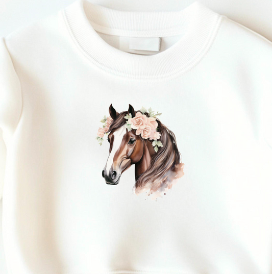 Bügelbild Pferd Blumenkranz Aquarell Braun Rosa Mädchen