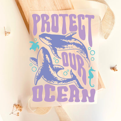 Bügelbild Protect Our Ocean Hai Retro Lila Mint Groß