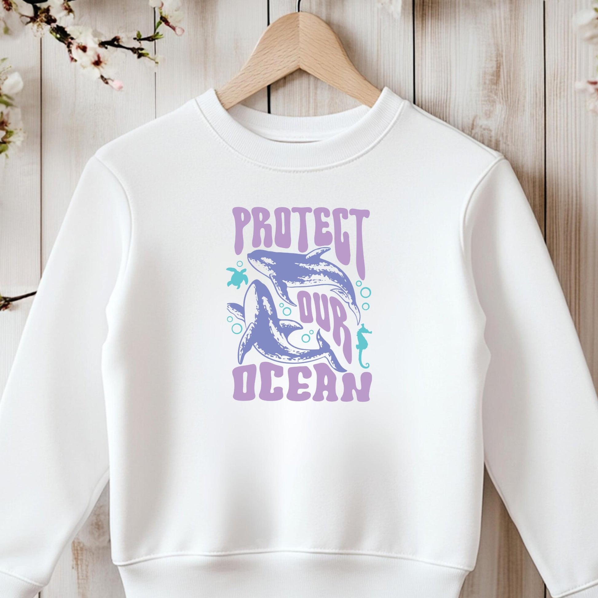 Bügelbild Protect Our Ocean Hai Retro Lila Mint Klein Kinder