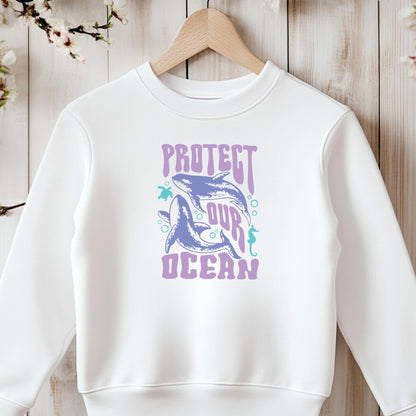 Bügelbild Protect Our Ocean Hai Retro Lila Mint Klein Kinder
