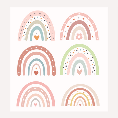 Bügelbild-Set mit Regenbogen-Motiven in Boho-Stil und Pastellfarben mit Herzen und Punkten