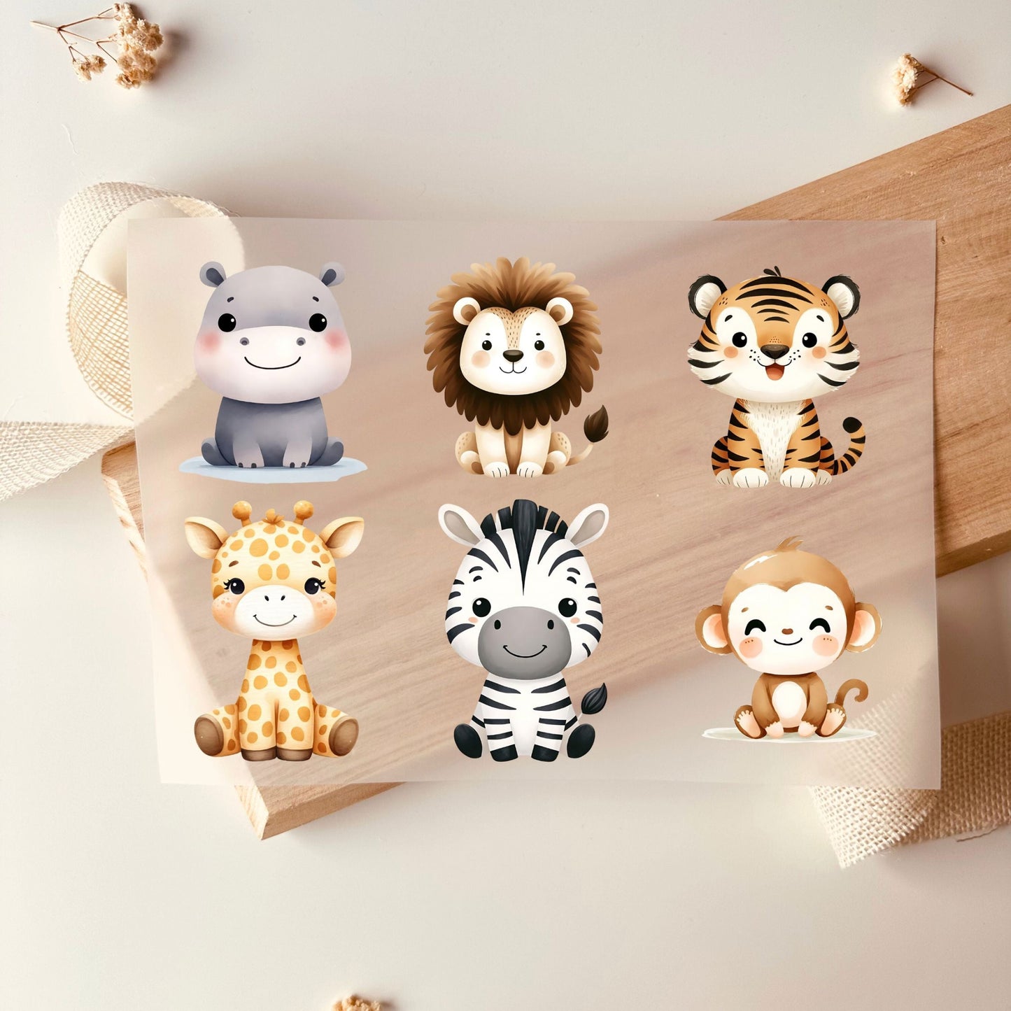Bügelbild-Set mit Safari-Tieren wie Nilpferd, Löwe, Tiger, Giraffe, Zebra und Affe im Cartoon-Stil für Kinderkleidung