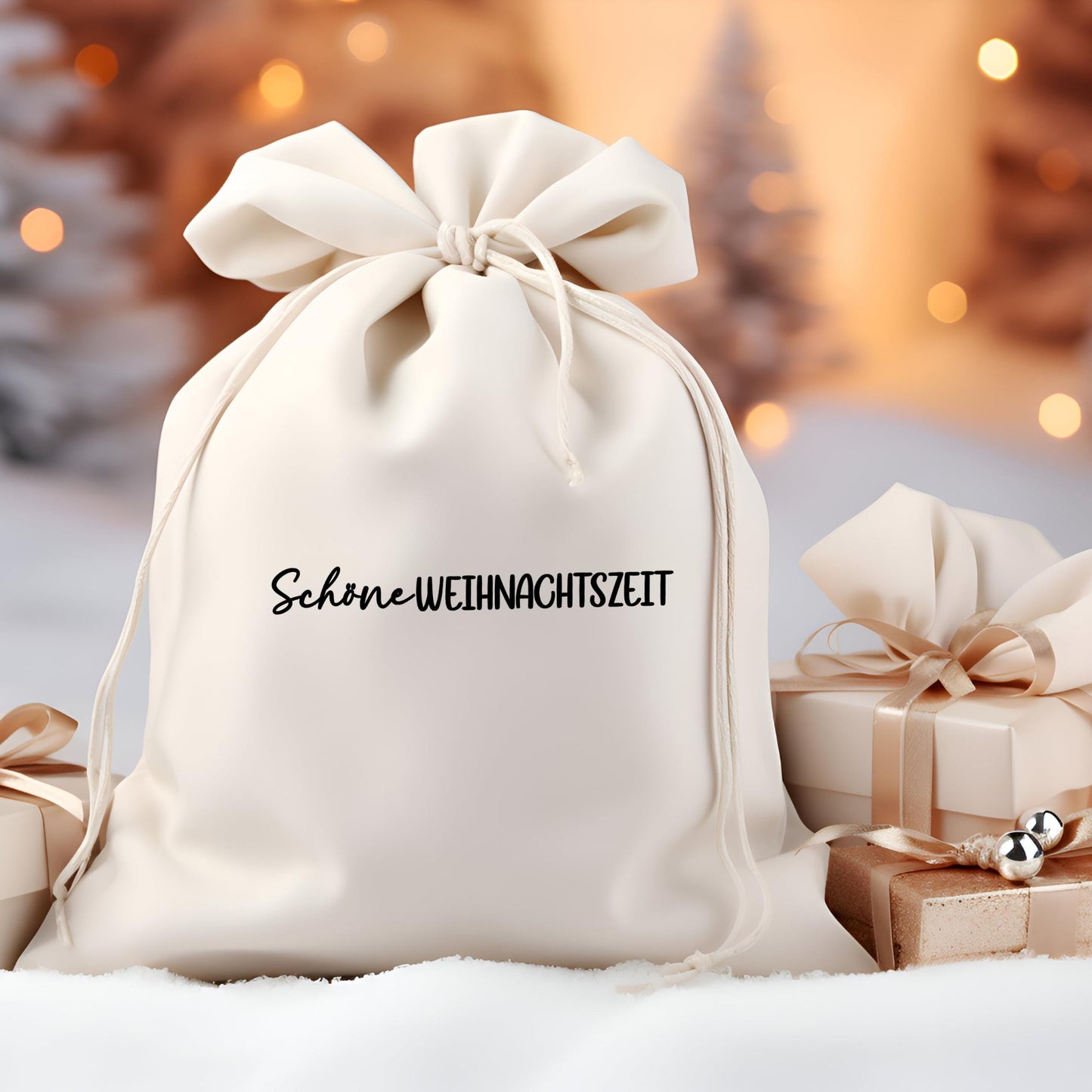 Bügelbild Schöne Weihnachtszeit Schriftzug Kalligraphie Schwarz Säckchen