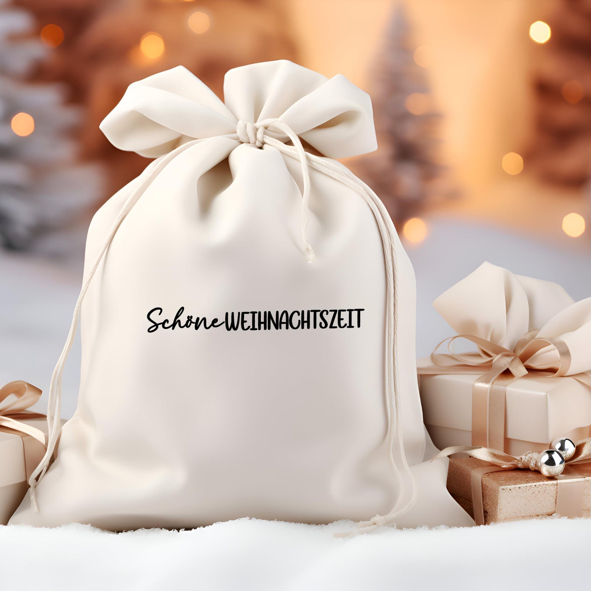 Bügelbild Schöne Weihnachtszeit Schriftzug Kalligraphie Schwarz Säckchen