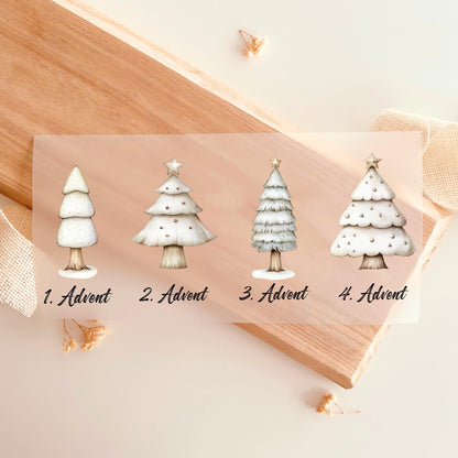 Bügelbild Set 1 bis 4 Advent Weihnachtsbaum Aquarell Weiß Gold Weihnachten