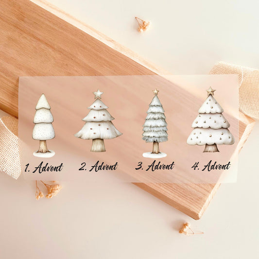Bügelbild Set 1 bis 4 Advent Weihnachtsbaum Aquarell Weiß Gold Weihnachten