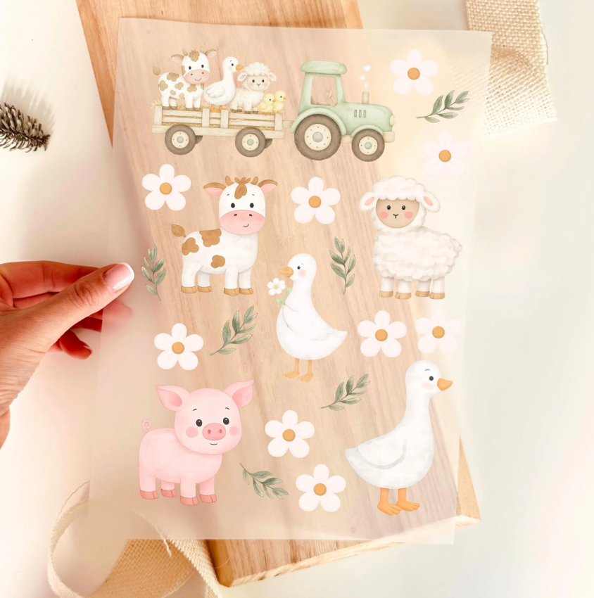 Bügelbild Set Bauernhof Tiere Traktor Kuh Schaf Schwein Ente Aquarell Pastell Kinder