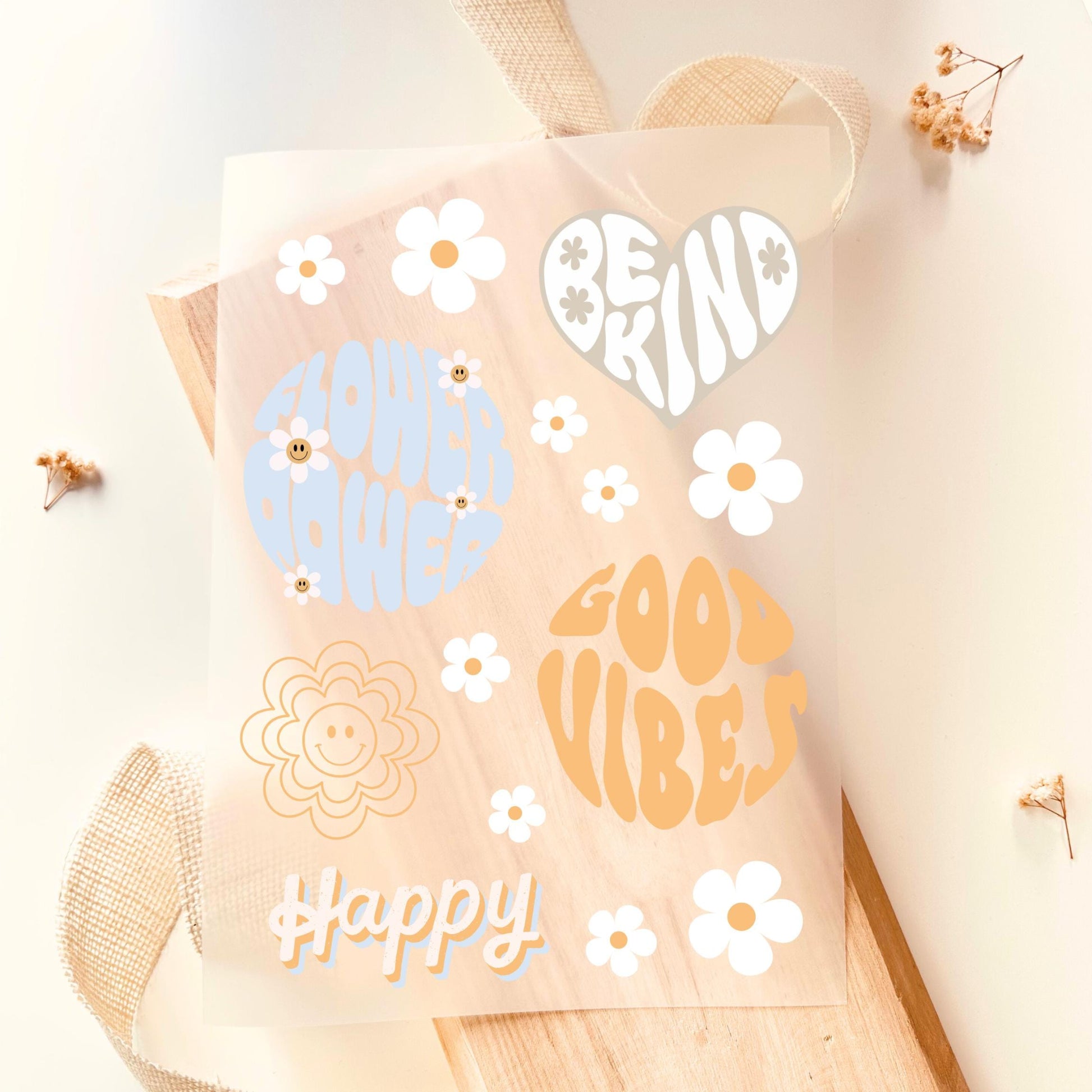 Bügelbild Set Be Kind Good Vibes Happy Blumen Retro Boho Blau Gelb Weiß