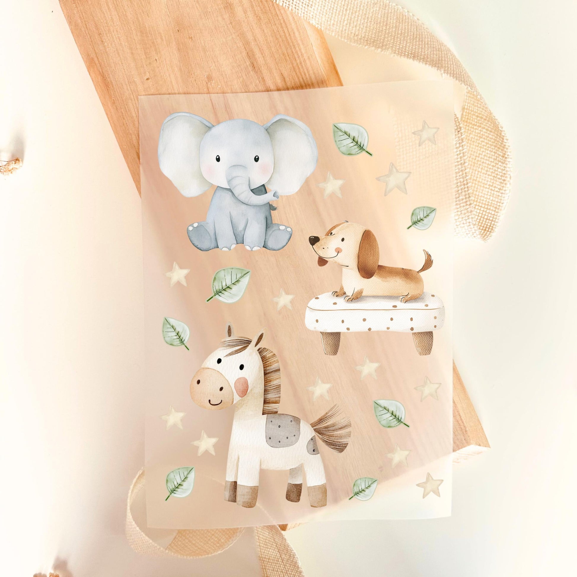 Bügelbild Set Elefant Hund Giraffe Aquarell Beige Grün Baby Kinder