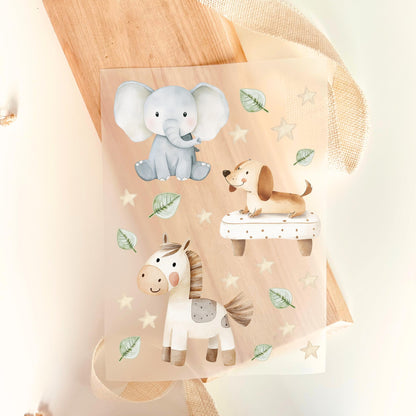 Bügelbild Set Elefant Hund Giraffe Aquarell Beige Grün Baby Kinder