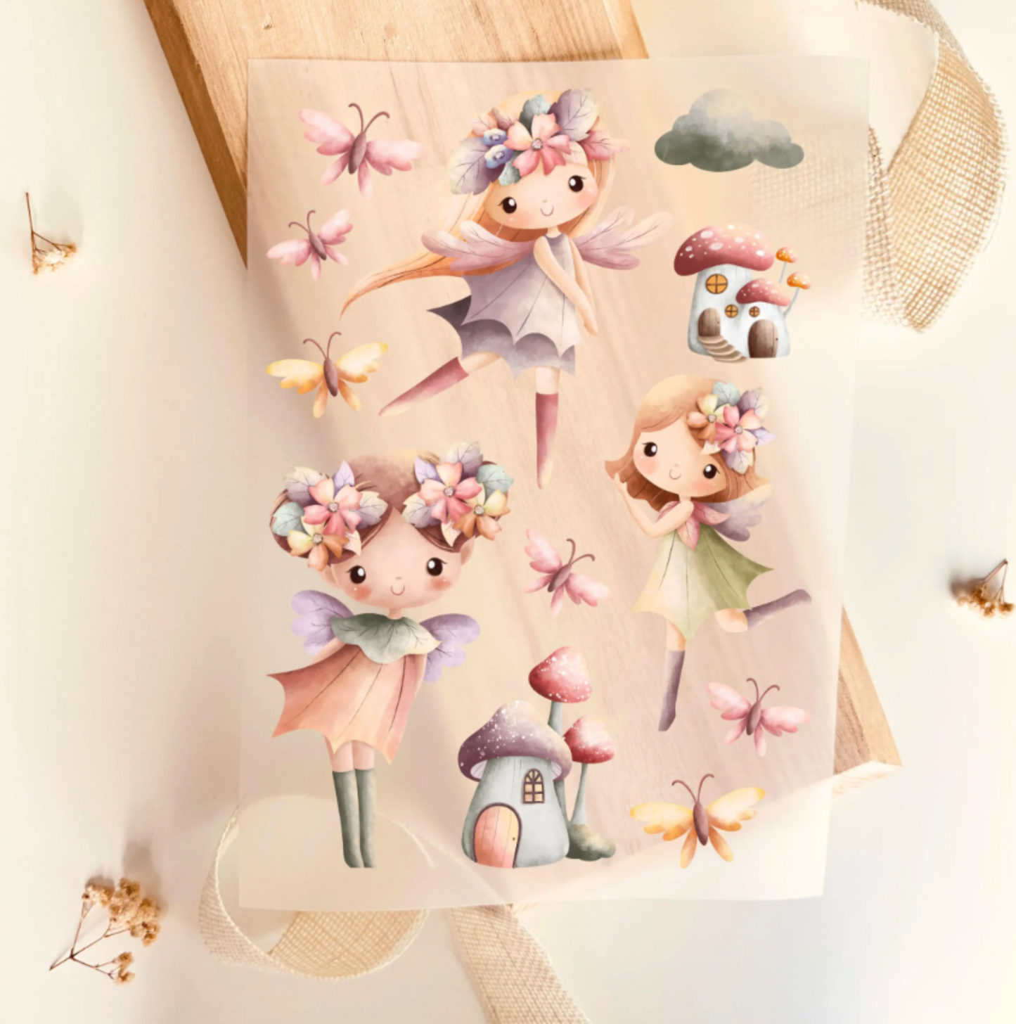 Bügelbild Set Fee Elfe Schmetterling Pilzhaus Aquarell Rosa Pastell Mädchen Kinder