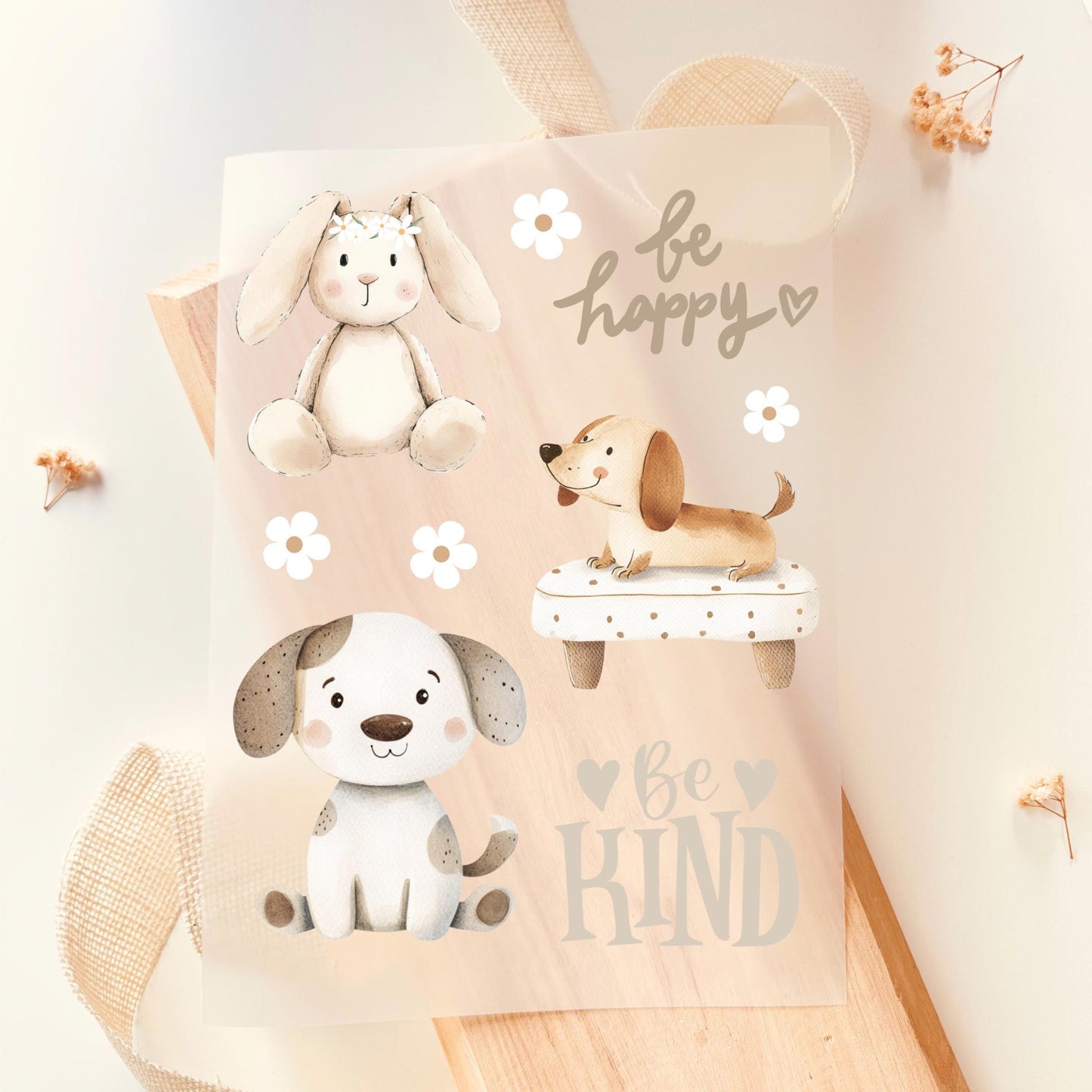 Bügelbild Set Hund Hase Be Happy Be Kind Aquarell Pastell Kinder