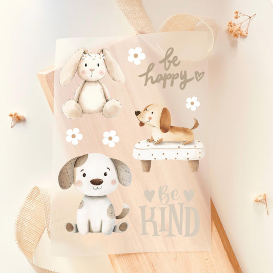 Bügelbild Set Hund Hase Be Happy Be Kind Aquarell Pastell Kinder