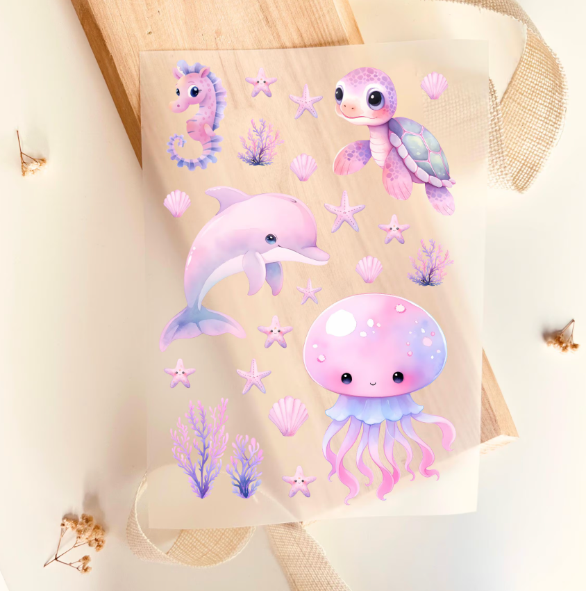 Bügelbild Set Meerestiere Delfin Qualle Schildkröte Seepferdchen Aquarell Lila Rosa Kinder