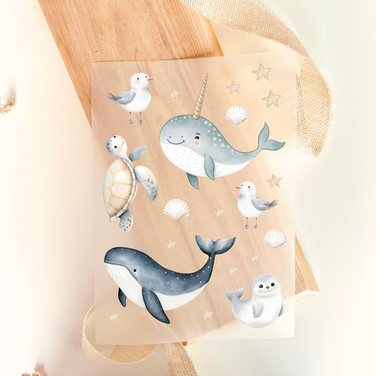 Bügelbild Set Meerestiere Wal Narwal Robbe Möwe Schildkröte Aquarell Blau Kinder