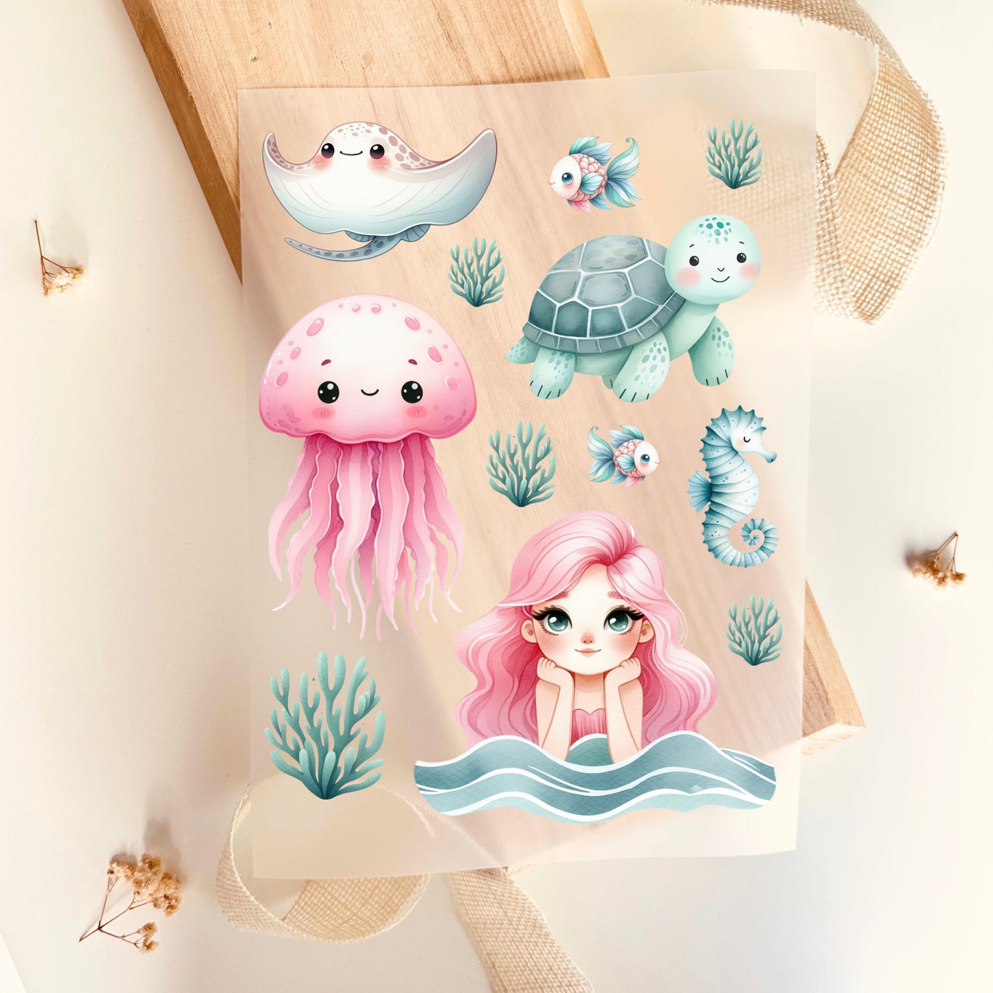 Bügelbild Set Meerjungfrau Qualle Schildkröte Seepferdchen Aquarell Rosa Mint Mädchen