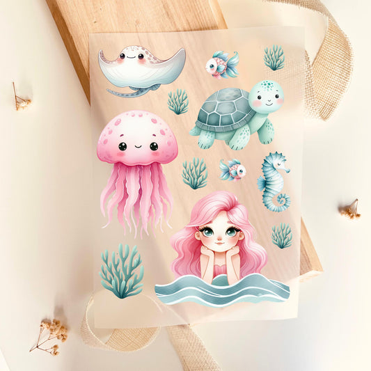 Bügelbild Set Meerjungfrau Qualle Schildkröte Seepferdchen Aquarell Rosa Mint Mädchen