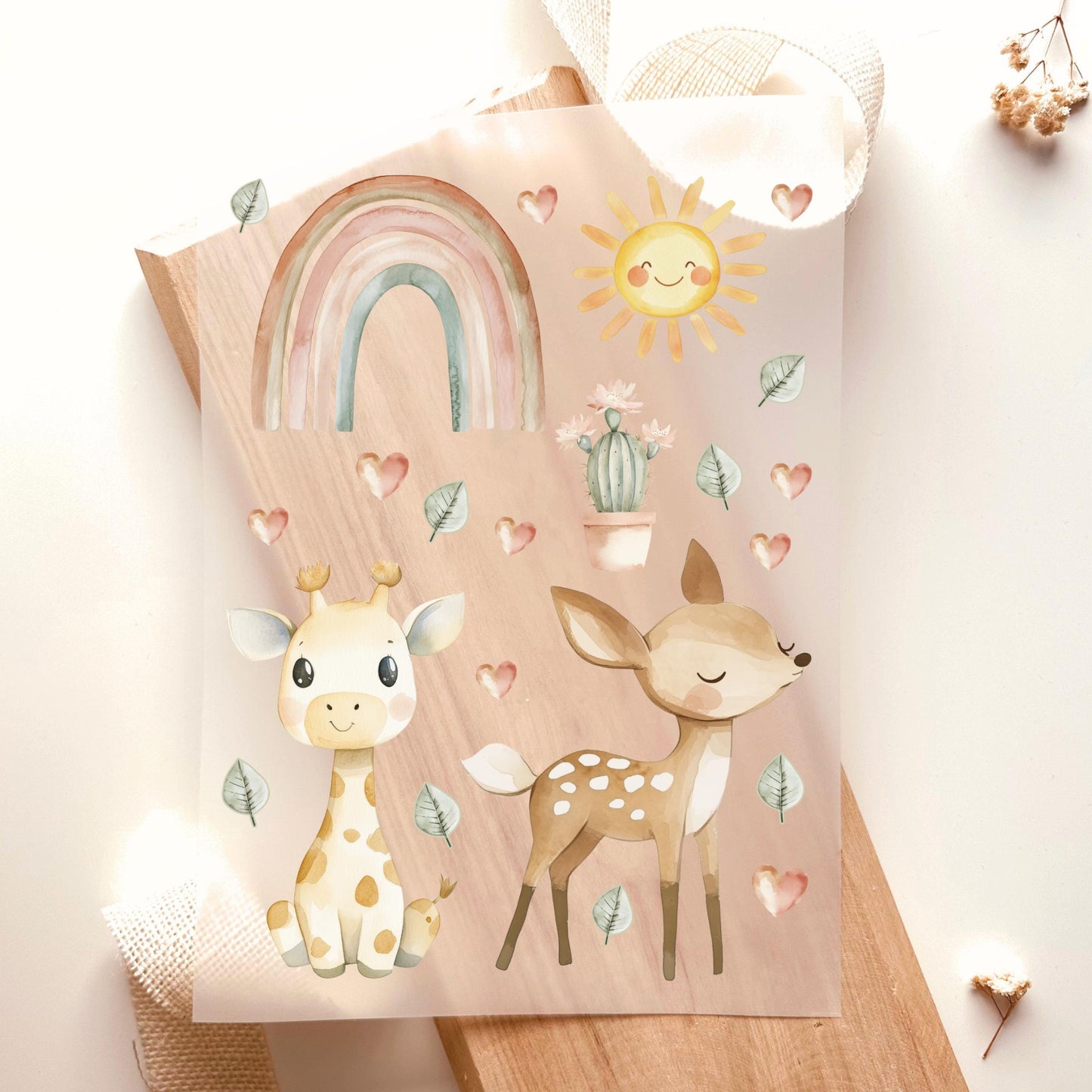 Bügelbild Set Reh Giraffe Regenbogen Sonne Herzen Aquarell Pastell Baby Kinder