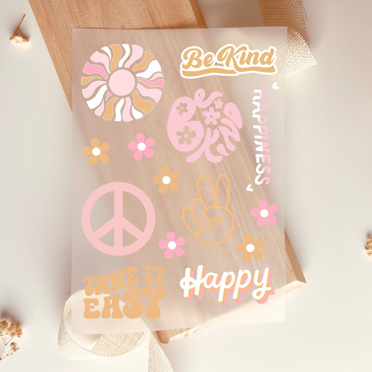 Bügelbild Set Retro Boho Be Kind Happy Peace Blumen Pastell Rosa Orange