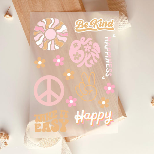 Bügelbild Set Retro Boho Be Kind Happy Peace Blumen Pastell Rosa Orange