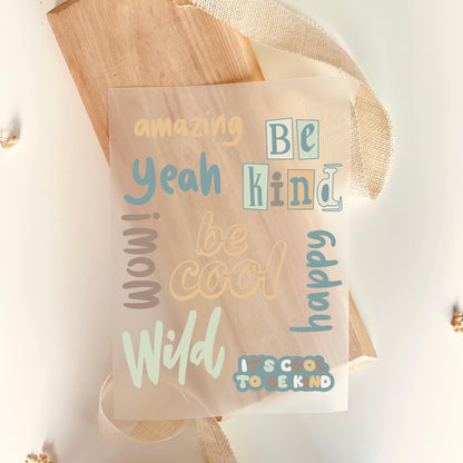 Bügelbild Set Sprüche Be Kind Happy Wild Amazing Pastell Blau Gelb Kinder
