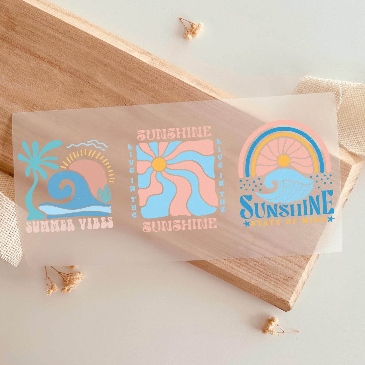 Bügelbild Set Summer Vibes Sunshine Sommer Retro Blau Rosa Pastell