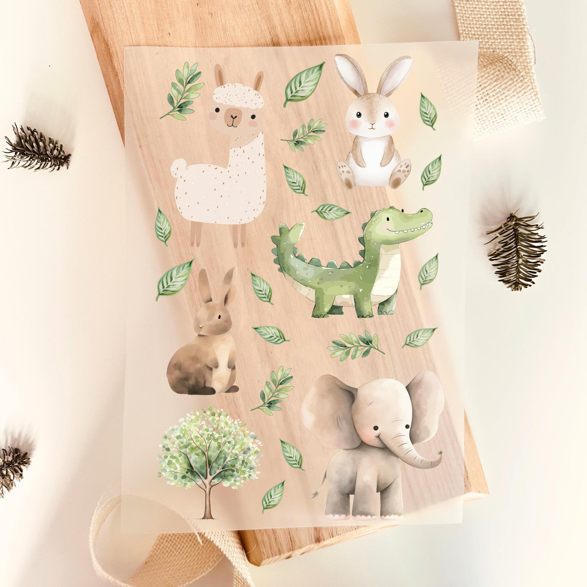 Bügelbild Set Tiere Lama Hase Krokodil Elefant Aquarell Grün Kinder