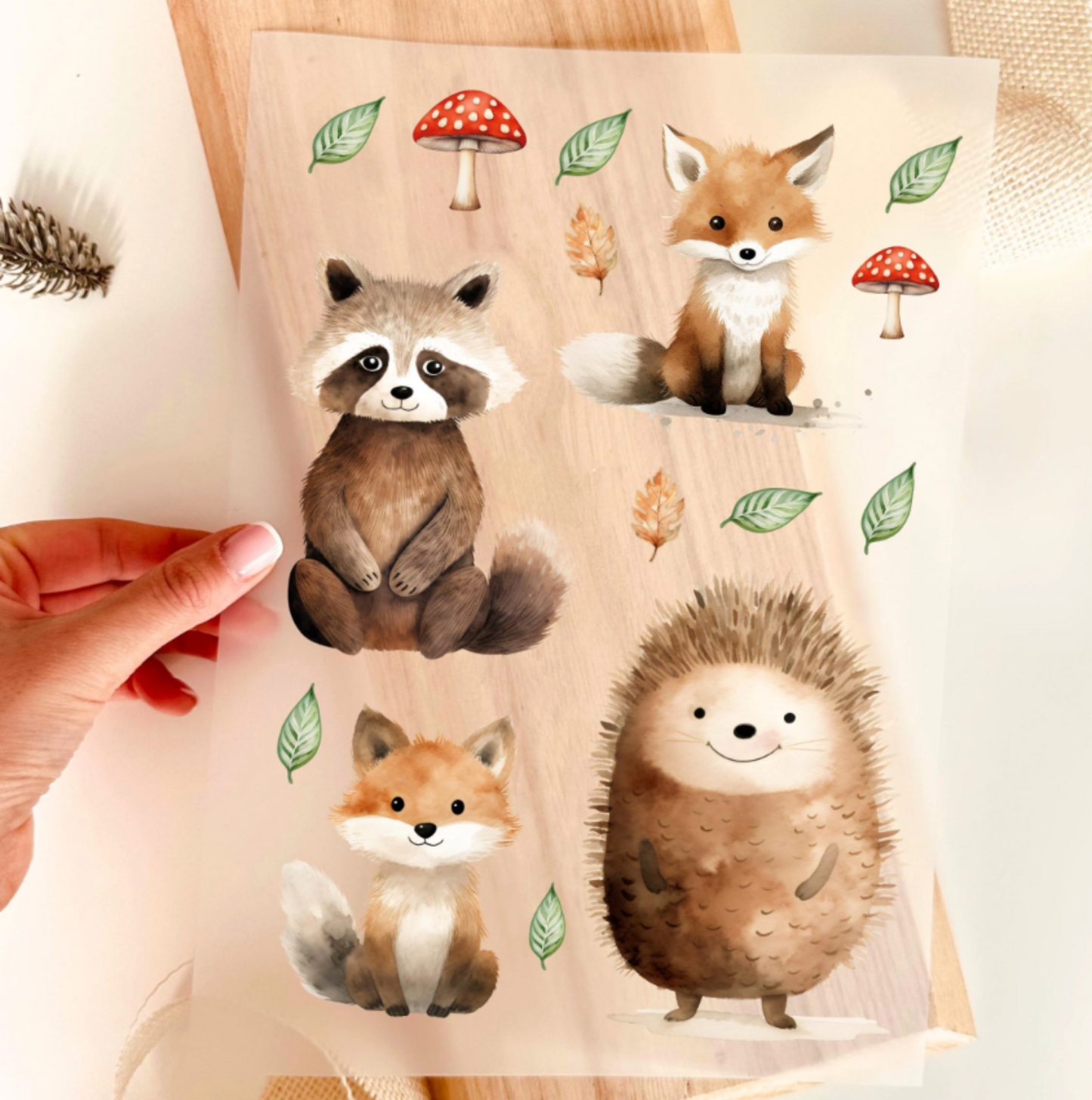 Bügelbild Set Waldtiere Waschbär Fuchs Igel Aquarell Herbst Kinder