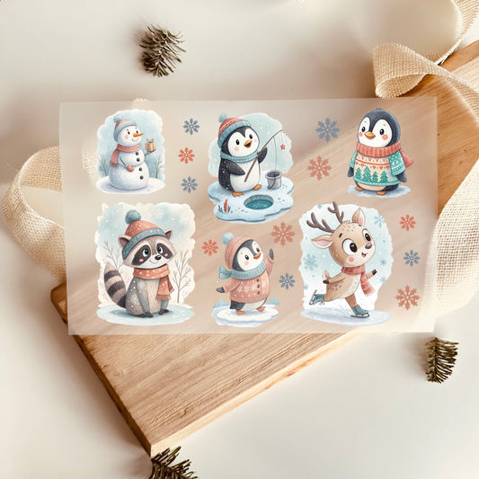 Bügelbild Set Winter Schneemann Pinguin Waschbär Rentier Aquarell Pastell Kinder