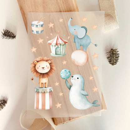 Bügelbild Set Zirkus Löwe Elefant Robbe Aquarell Pastell Kinder