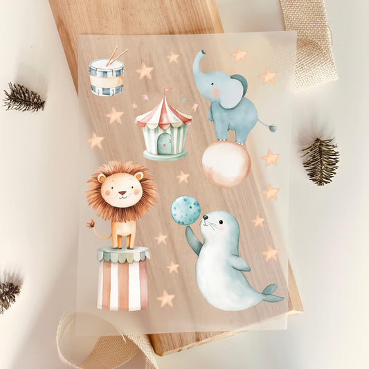 Bügelbild Set Zirkus Löwe Elefant Robbe Aquarell Pastell Kinder
