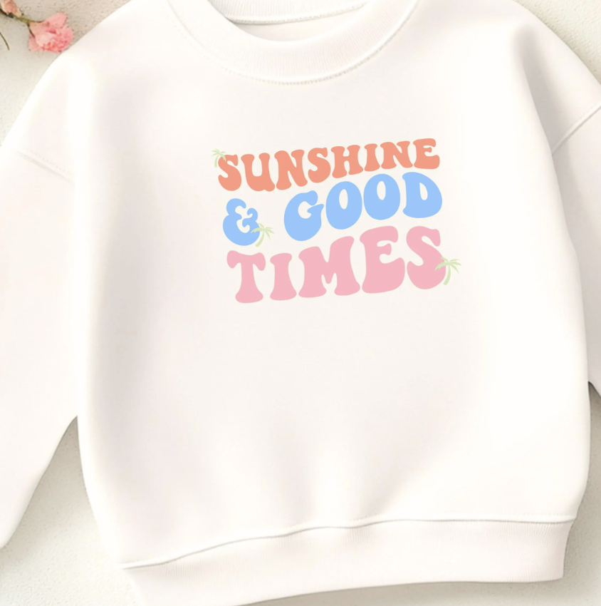 Bügelbild Sunshine and Good Times Schriftzug Retro Orange Blau Rosa Klein